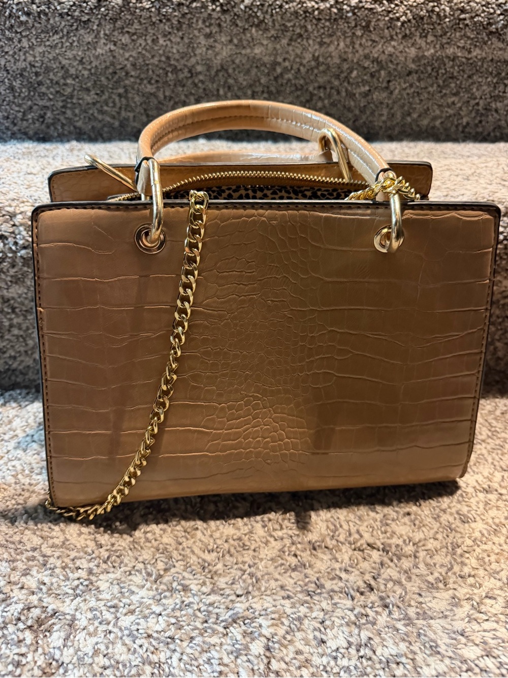 Tan Croc-Embossed Top-Handle Bag with Gold Chain